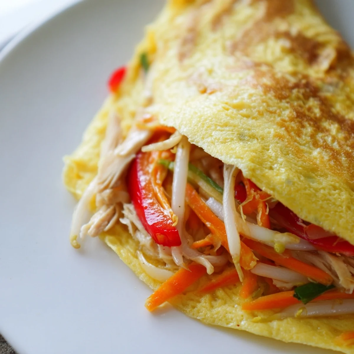 Fluffy Chinese omelette filled with colorful bell peppers and savory bean sprouts