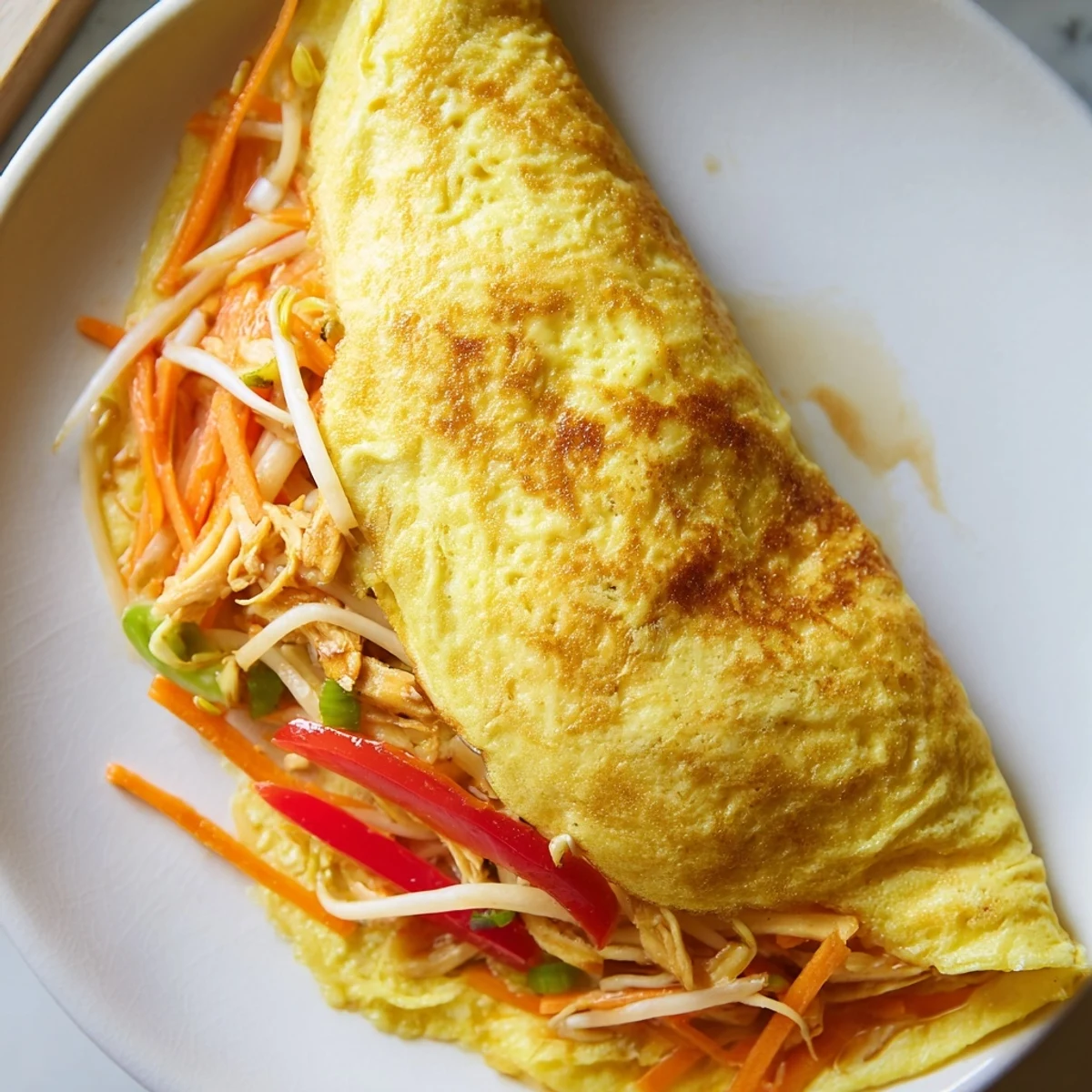 Steaming Chinese omelette plated on white dish garnished with sliced spring onions