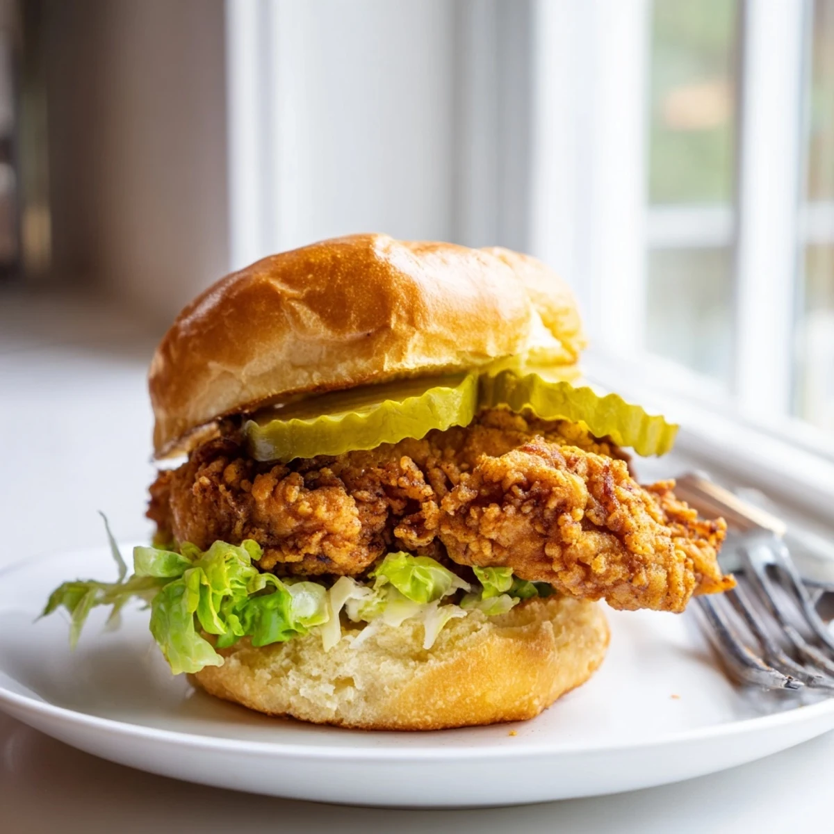 Golden crispy pickle brined fried chicken sliders stacked on toasted buns with pickles