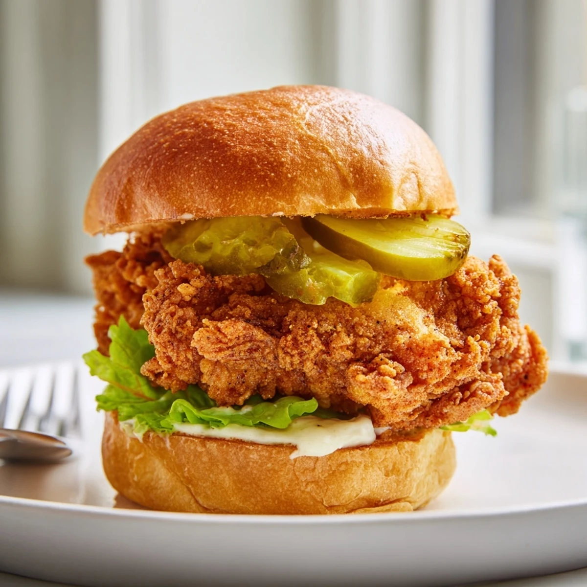 Close-up of pickle brined fried chicken sliders with crunchy golden breading on soft buns