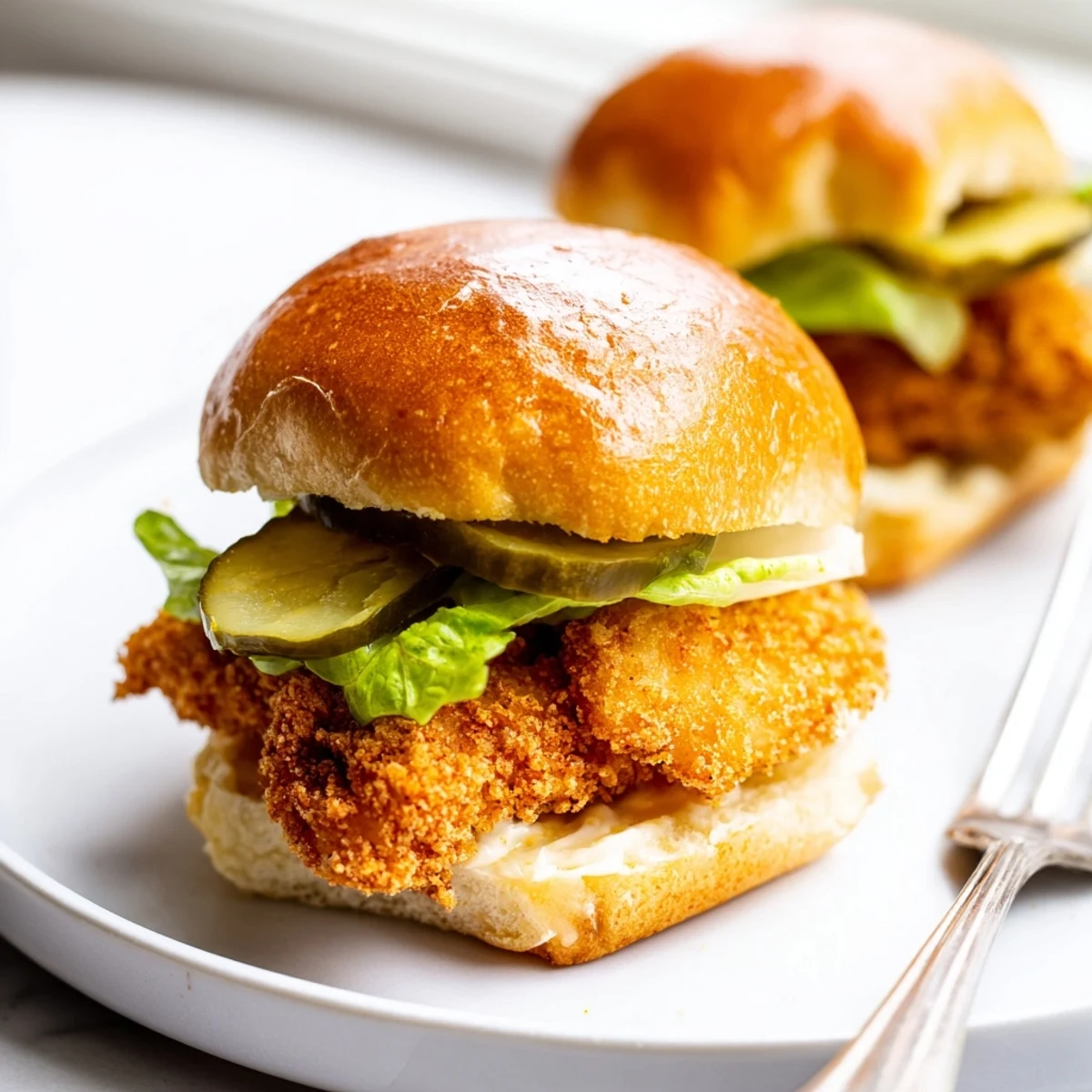 Crispy pickle brined fried chicken sliders topped with lettuce and dill pickles on pillowy buns