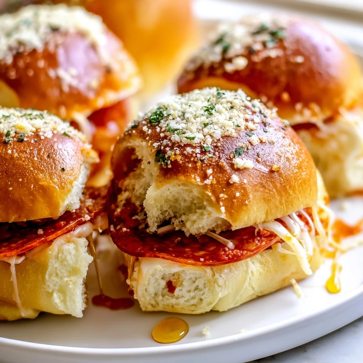 Golden hot honey pepperoni pizza sliders with bubbling mozzarella on soft toasted rolls