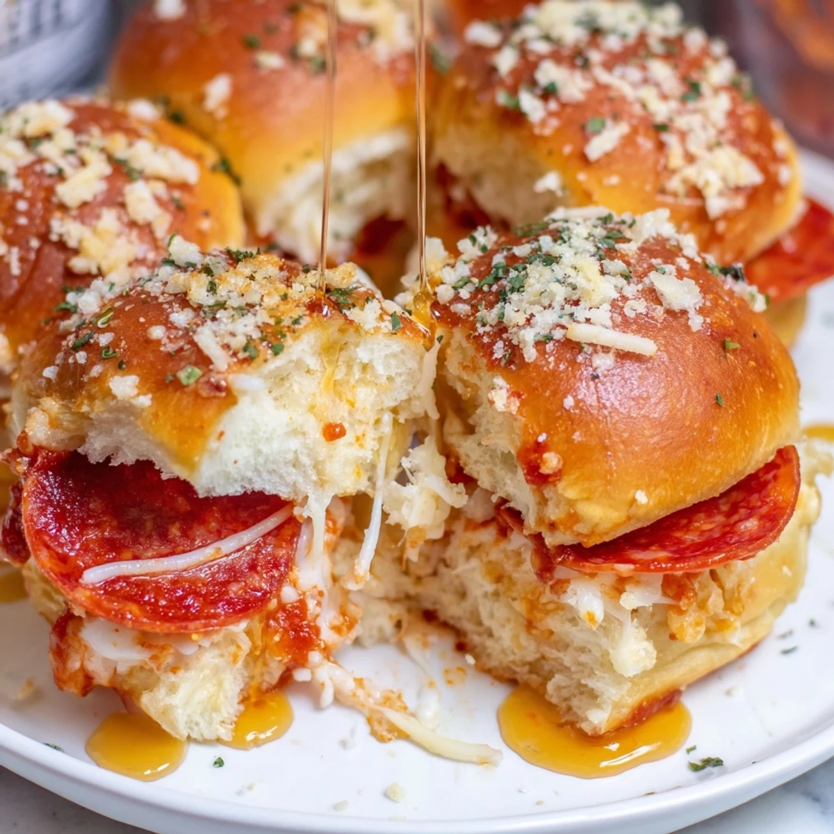 Pepperoni pizza sliders glistening with spicy-sweet honey and melted mozzarella cheese