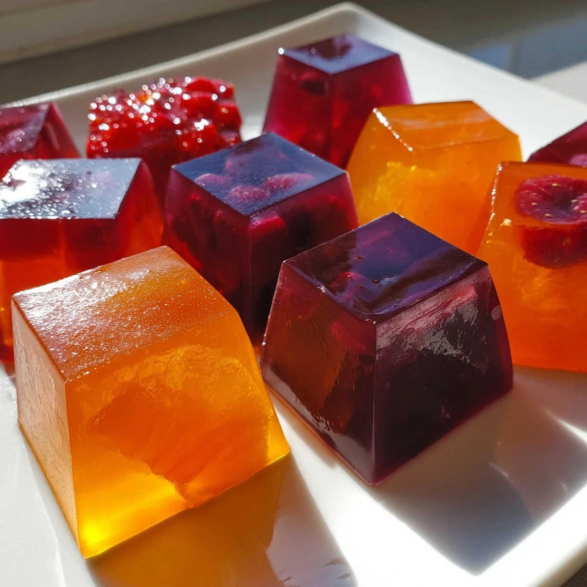 Sparkling collagen fruit jellies in jewel-toned colors resting on a marble countertop