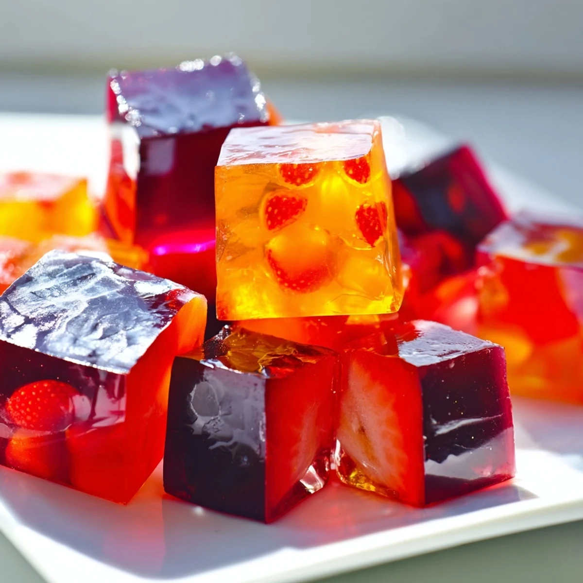 Chewy collagen fruit jellies arranged on a pastel plate with fresh berry garnish