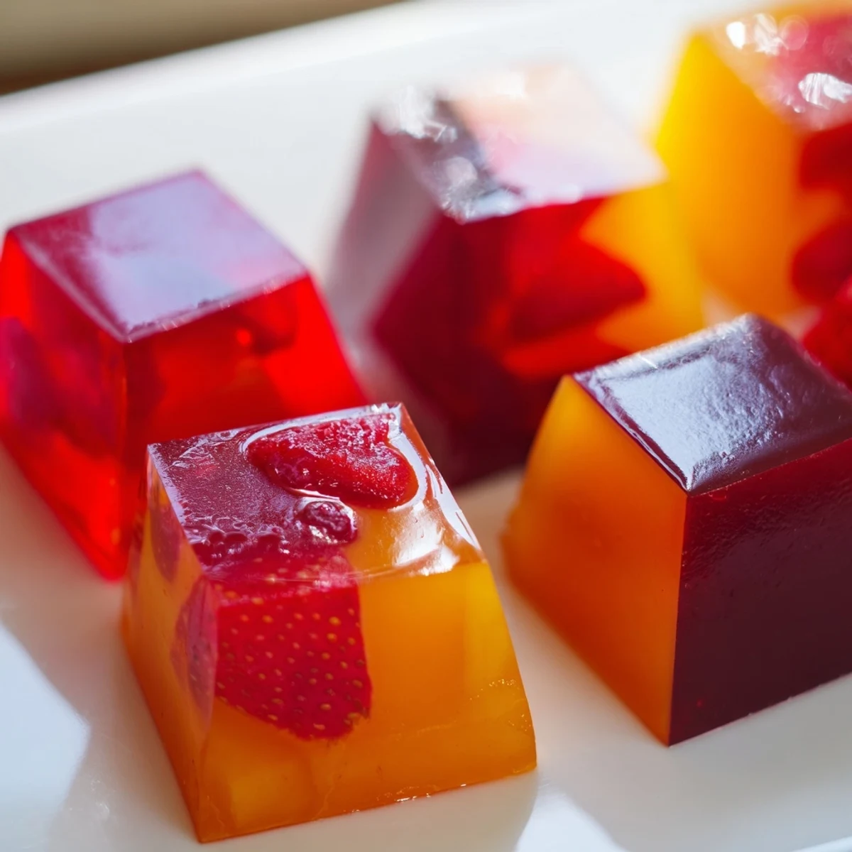 Translucent collagen fruit jellies nestled in silicone molds glowing with vibrant berry hues