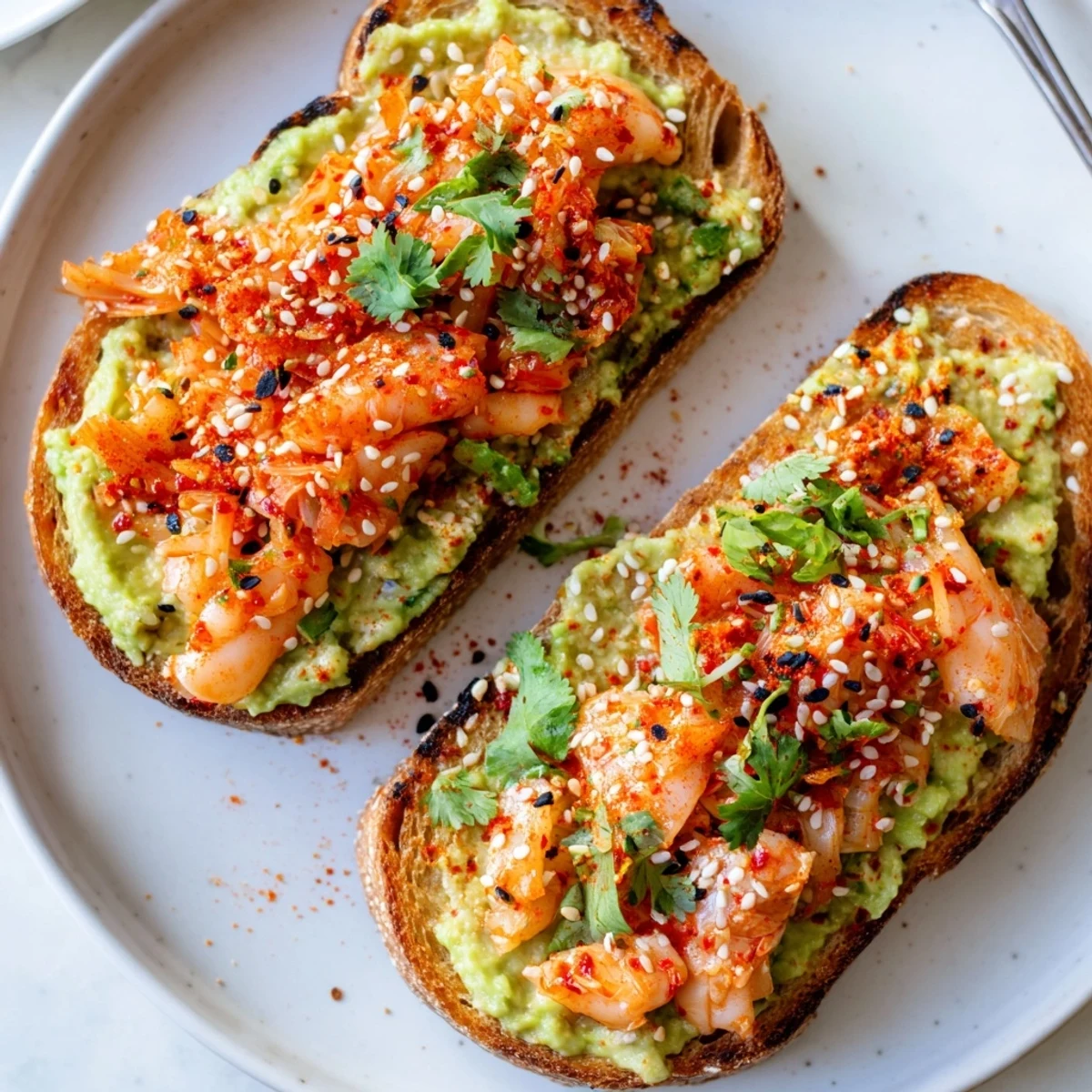 Creamy avocado and spicy kimchi piled on golden sourdough toast with sesame seeds