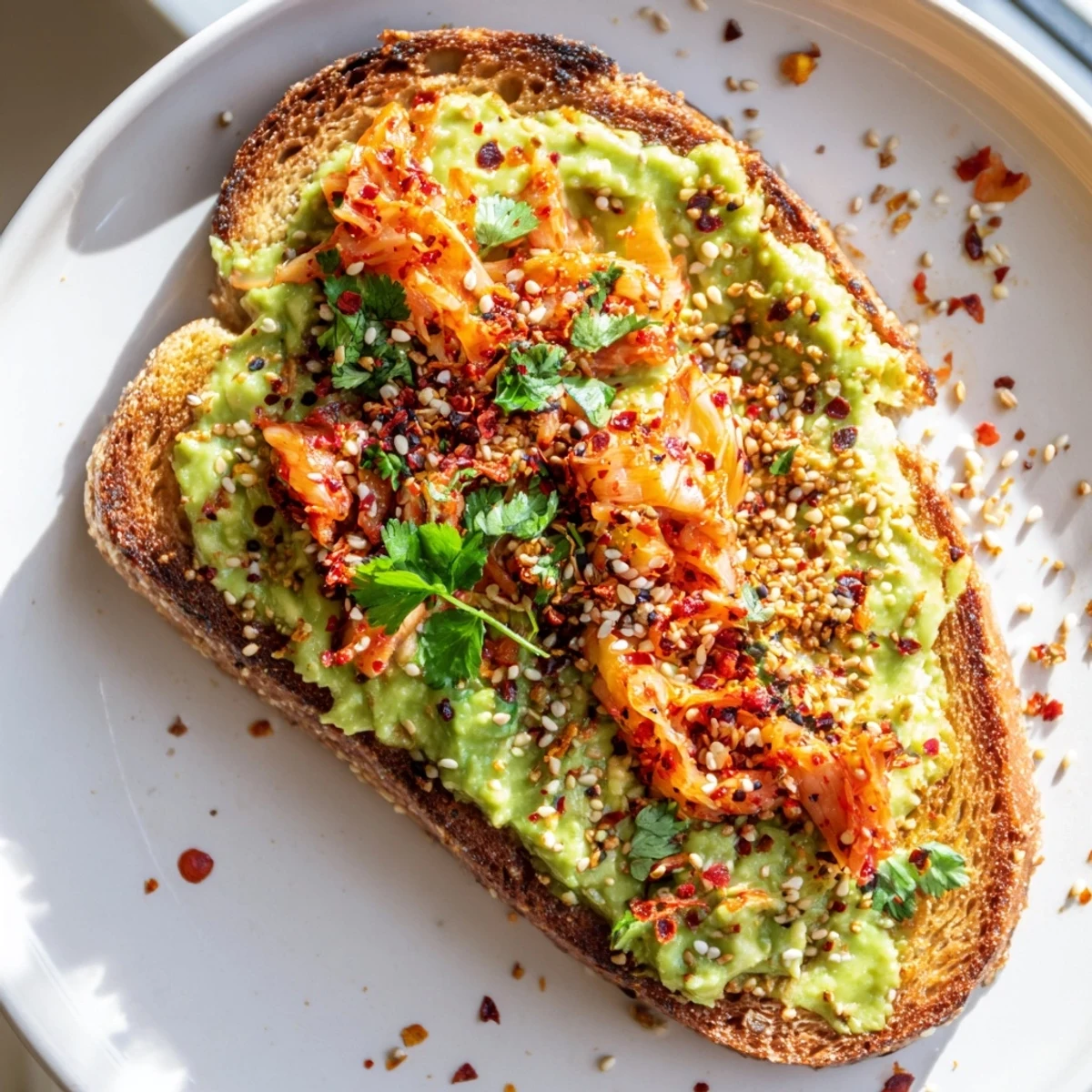 Kimchi avocado toast topped with red pepper flakes and fresh cilantro on crispy bread