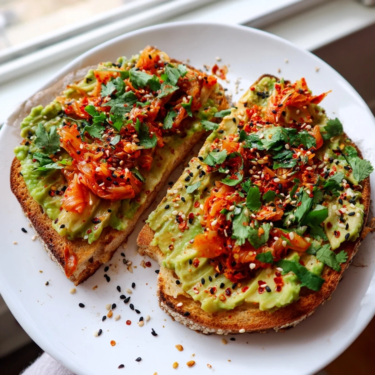 Mashed avocado spread over crunchy toast loaded with tangy kimchi and a drizzle of olive oil