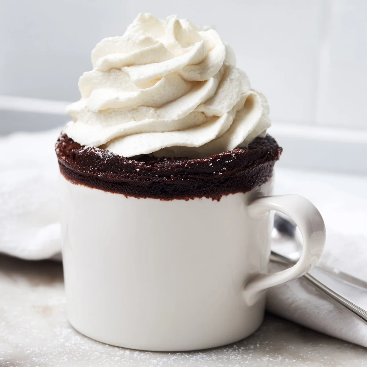 Rich gluten free chocolate mug cake in a white mug, ready to serve in minutes.