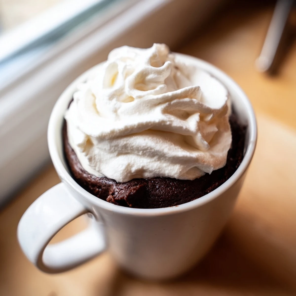 Decadent single-serving gluten free chocolate mug cake drizzled with syrup and cocoa dust.