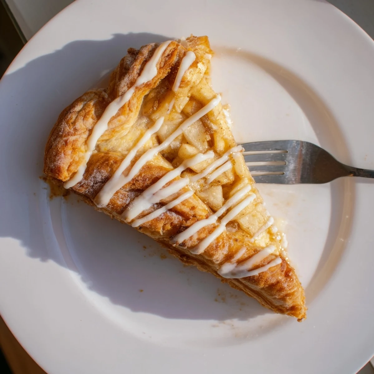 Flaky pastry squares piled high with warm cinnamon apples and rich cheese filling  