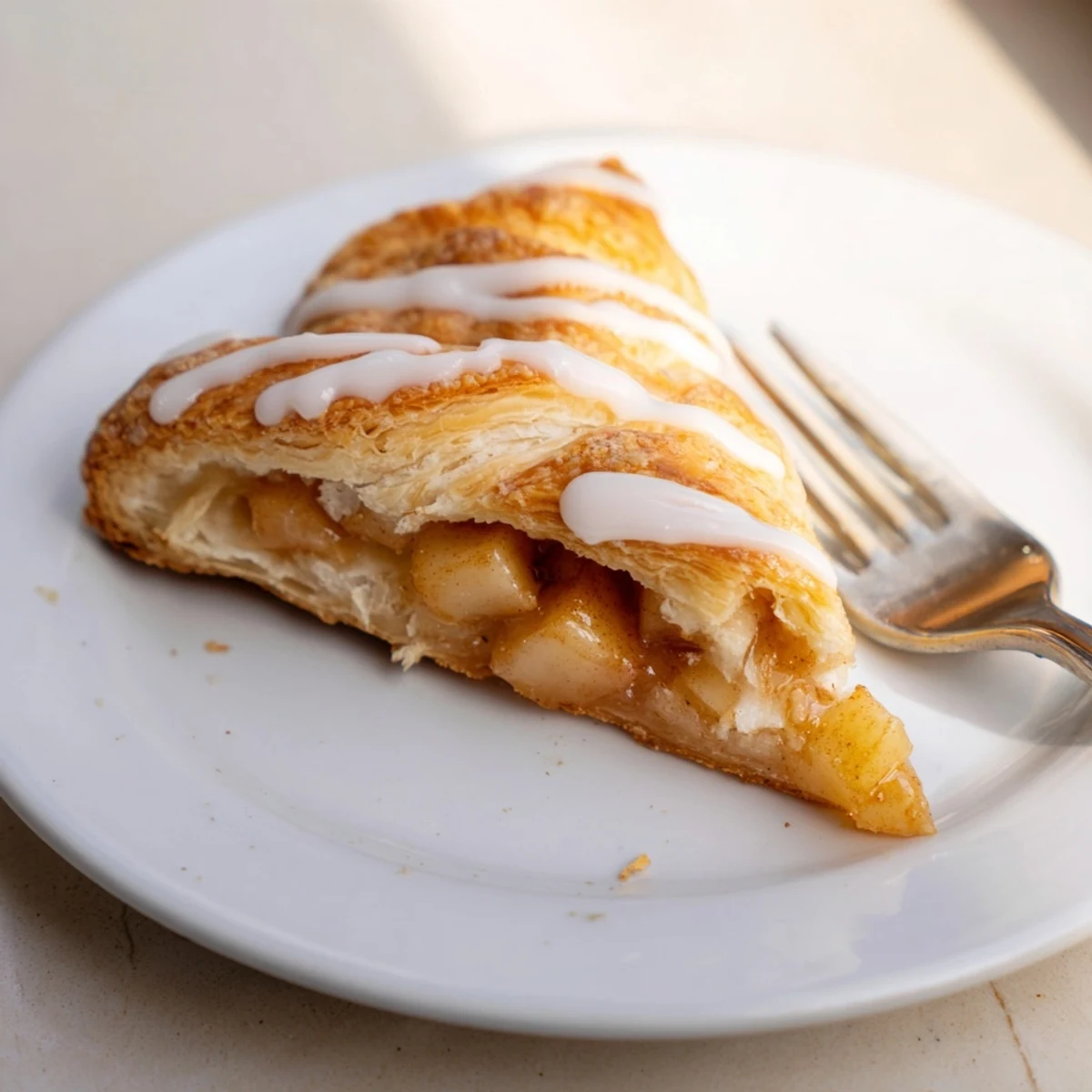 Baked apple cheese danishes drizzled with white icing on a rustic wooden board