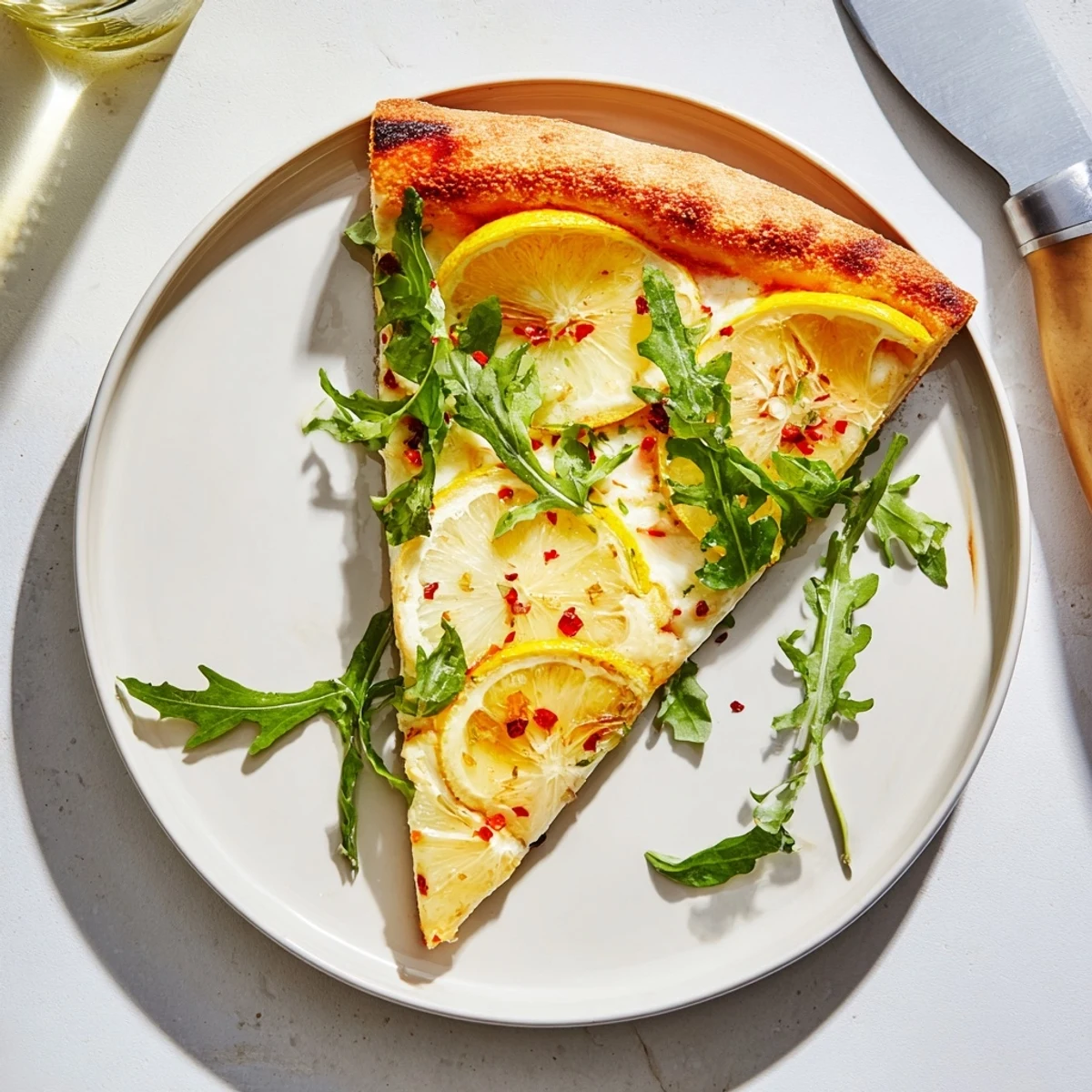 Golden bubbling Zesty Summer Lemon Pizza topped with fresh lemon slices and melted mozzarella