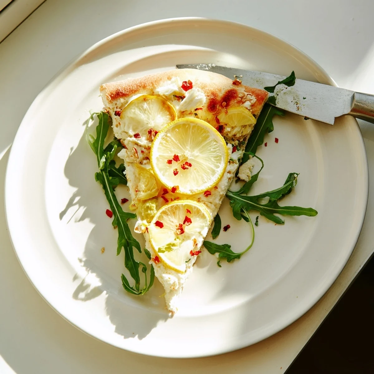 Homemade Zesty Summer Lemon Pizza garnished with peppery arugula and vibrant green basil leaves