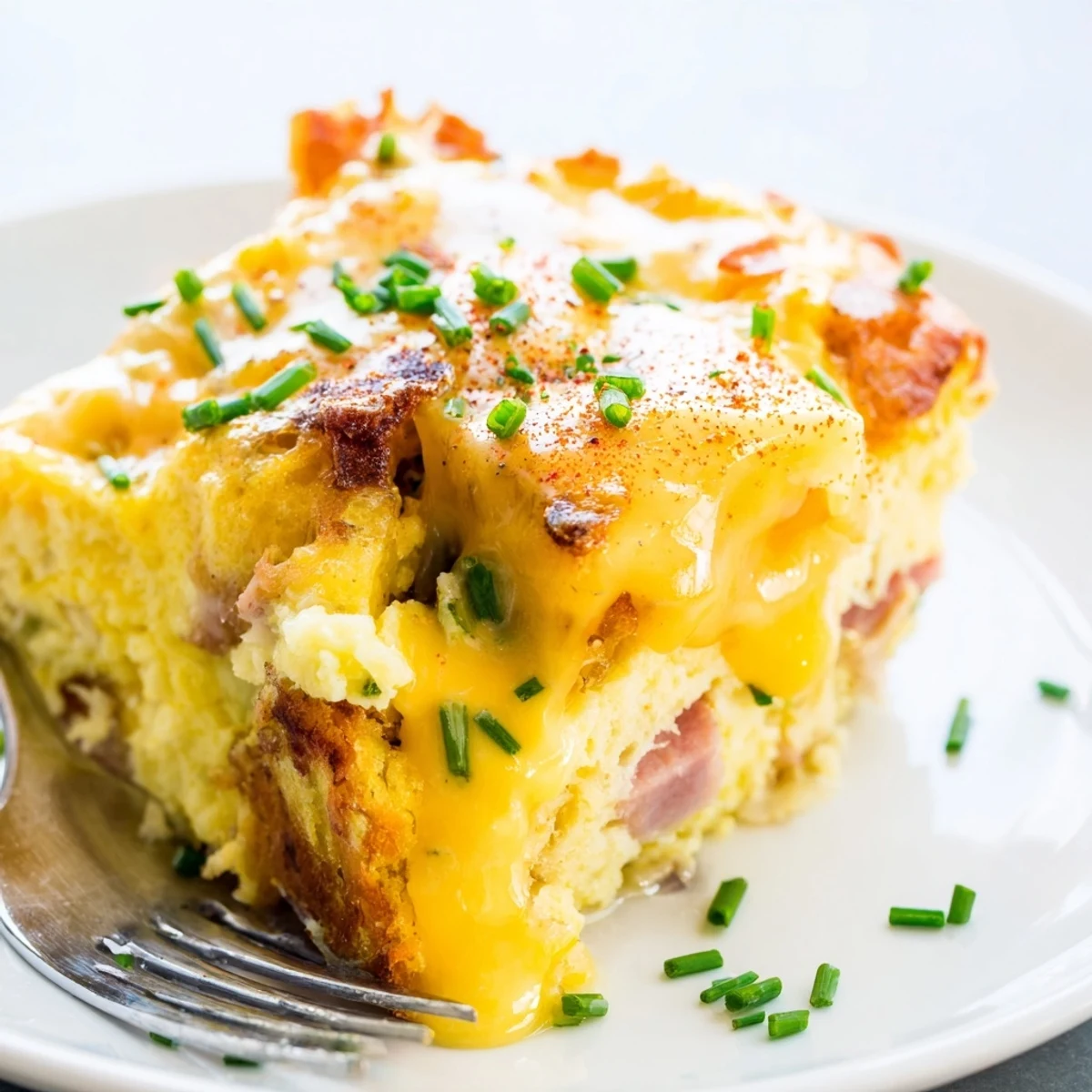 Savory breakfast casserole featuring Canadian bacon and English muffins topped with creamy hollandaise  