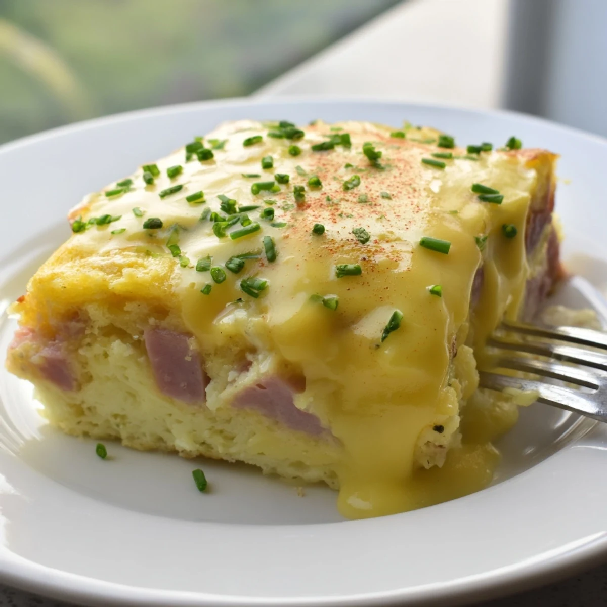 Golden baked Eggs Benedict casserole drizzled with rich hollandaise sauce and fresh chives  