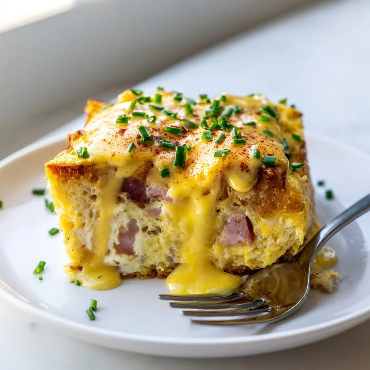 Crowd-pleasing Eggs Benedict casserole perfect for brunch served with warm hollandaise sauce
