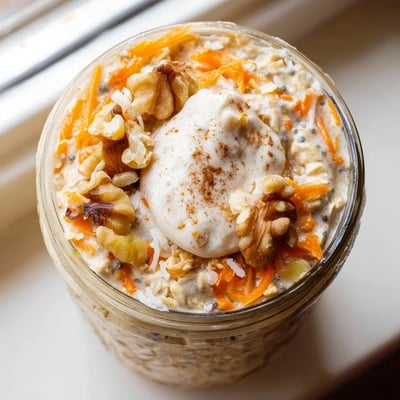 Carrot cake overnight oats swirled with cinnamon and a cream cheese drizzle