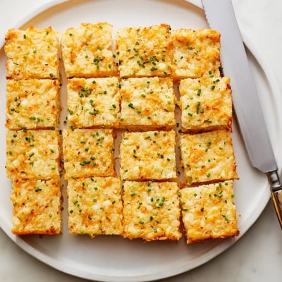 Crispy cheese and chive snack bites piled on a rustic serving board