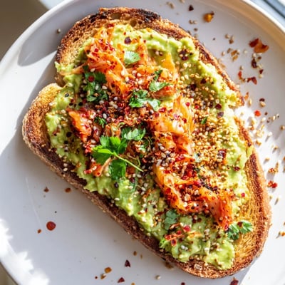 Kimchi avocado toast topped with red pepper flakes and fresh cilantro on crispy bread